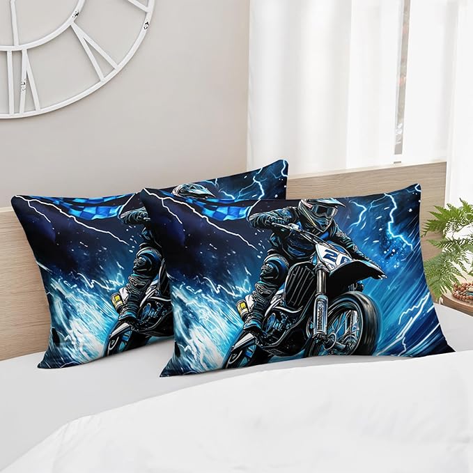 AILONEN Boys Extreme Sport Dirt Bike Bedding Set Queen Size, 3-Piece Blue Black Speed Motocross Comforter with 2 Pillowcases for Kids Men
