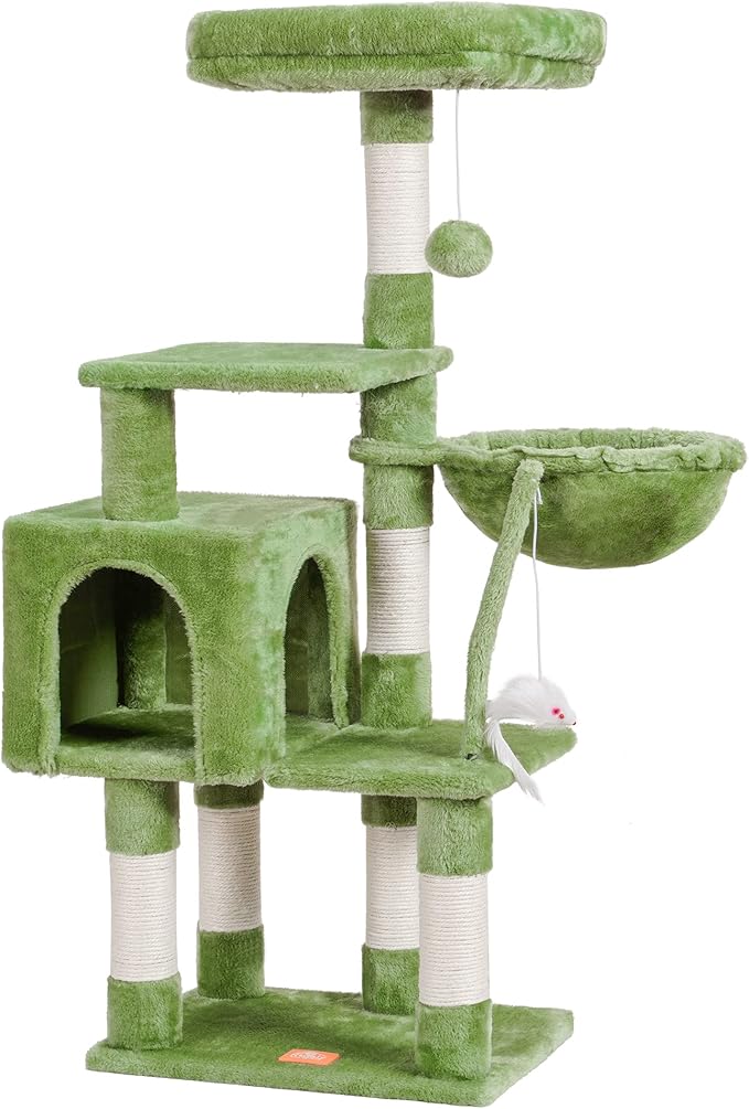 Heybly Cat Tree with Toy, Cat Tower condo for Indoor Cats, Cat House with Padded Plush Perch, Cozy Hammock and Sisal Scratching Posts, Green HCT004SGR