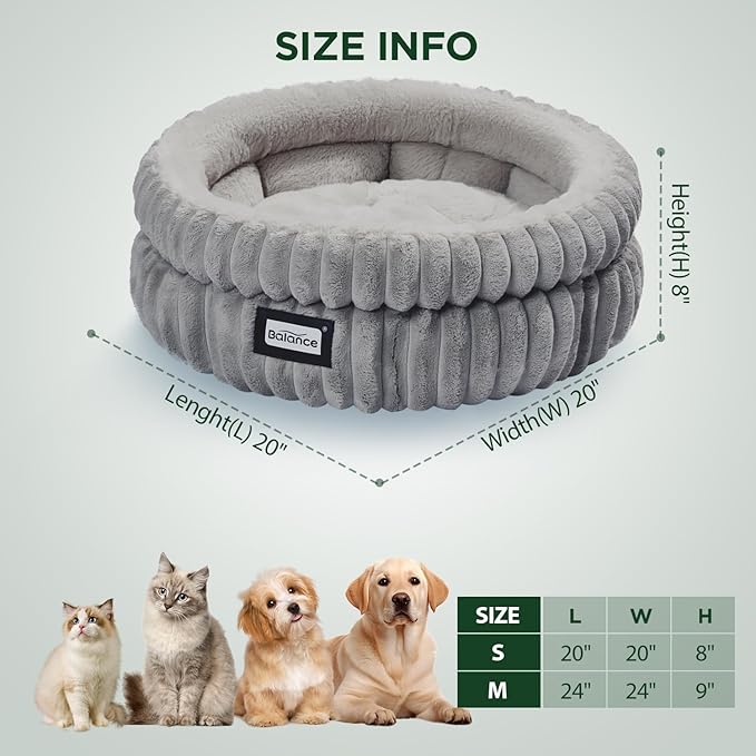 BALANCE Cat Bed Kitten Bed, Washable Round Cat Beds for Indoor Cats, Super Soft Plush Faux Fur Pet Bed for Puppy and Kitten with Anti-Slip Bottom