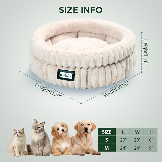 BALANCE Cat Bed Kitten Bed, Washable Round Cat Beds for Indoor Cats,Super Soft Plush Faux Fur Pet Bed for Puppy and Kitten with Anti-Slip Bottom