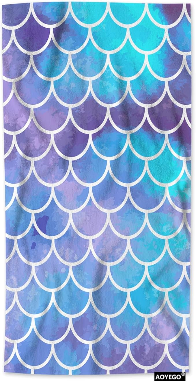 AOYEGO Aqua Blue Mermaid Bath Towels Retro Ocean Sea Fish Scale Mermaid Sequin Kitchen Hand Towels Bathroom Decor Soft Beach Microfiber Hair Towels 15x30 Inch