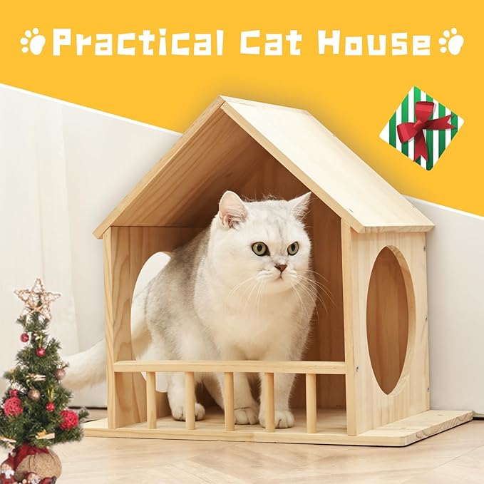 Cat Wall Shelves, Wall Mounted Cat Climbing Shelves, Wooden Cat Furniture with 2 Cat Condo Houses, 3 Cat Perches, 2 Bridge Ladders and 2 Scratching Posts