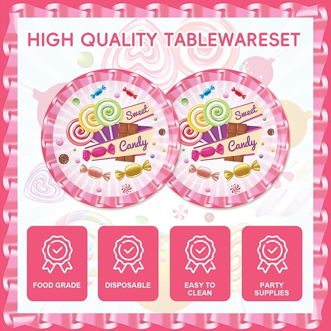 48Pcs Candyland Party Decorations Candy Land Party Decorations Include Pink Birthday Baby Shower Forks, Plates and Napkins Supplies