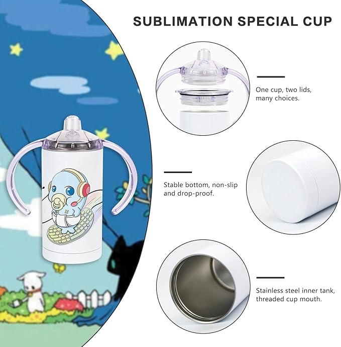 6 Pack Sublimation Blanks Sippy Cup Baby Bottle with Handles Straight Stainless Steel Insulated Skinny Tumblers with Splash proof Lid 12 oz Shatterproof Water Tumbler