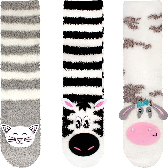 BambooMN Super Soft Warm Cute Animal Face Non-Slip Fuzzy Crew Winter Home Socks, Value Pack