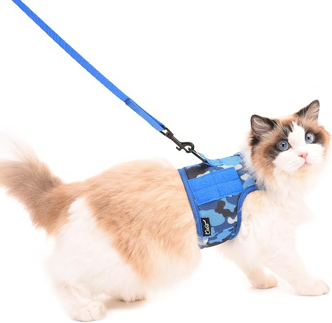 Tactical Cat Harness and Leash for Walking Escape Proof Breathable Mesh Fabric, Ocean Camo, Large, Adjustable Cat Walking Jackets, Padded Stylish Cat Vest