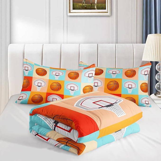 Basketball Comforter Kids Bedding Twin Size,Sports Style Basketball Printing Bedding Set for Teens Boys Bedroom Decor,Ball Sports Games Comforter Set Soft Kids Bedding with 2 Pillowcases.
