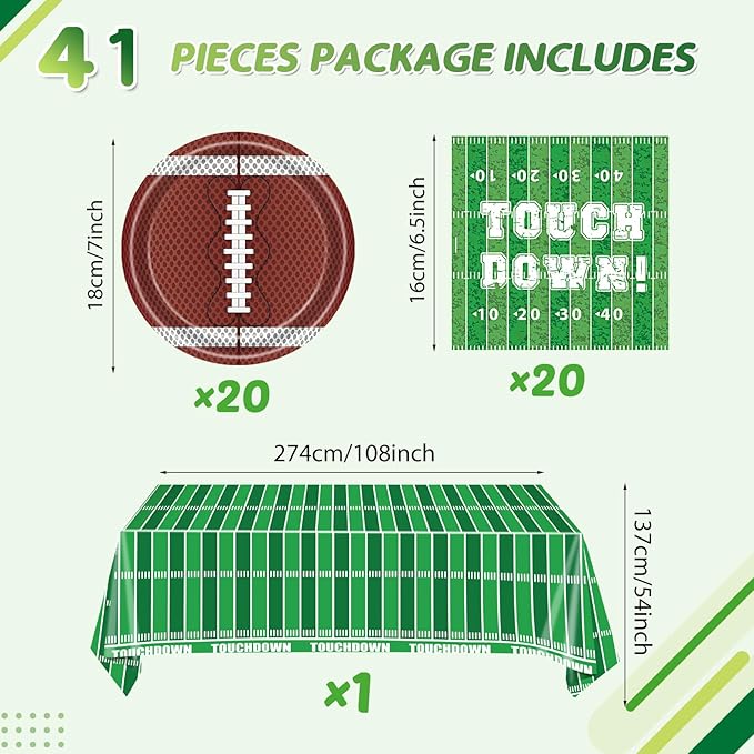 41Pcs Football Birthday Party Decorations, Green Touch Down Luncheon Napkins, 7" Round Paper Plates, Football Tablecloth, Serve 20
