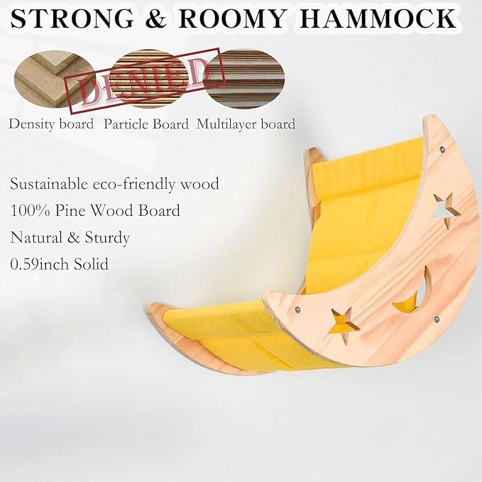 Cat Hammock Moon Bed Wall Mounted Shelf Cat Wall Shelves and Perches Solid Wood Cat Wall Furniture Cats Wall Bed for Cats and Kitty Easy Installation-Single Moon