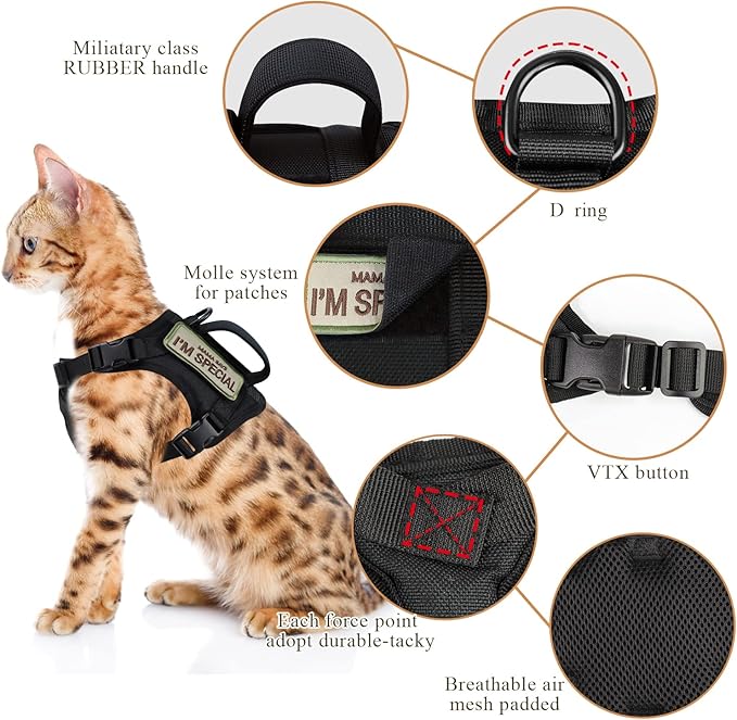 Tactical Cat Harness for Walking Escape Proof, Soft Mesh Adjustable Pet Vest Harness for Large Cat,Small Dog (Medium, Black)