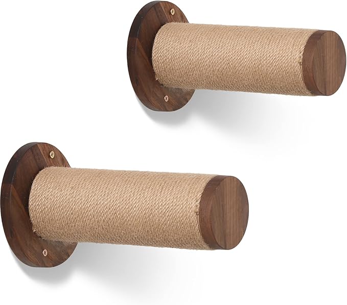 FUKUMARU Cat Wall Furniture, 11.8 Inch Cat Wall Shelves for Drywall, Walnut Wood Cat Stairs for Wall Mounted with Jute Scratching Cat Steps for Most Kitten, Medium and Large Cats, 2 of Pack