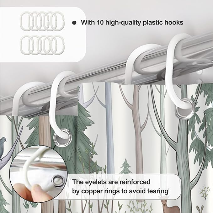 AWERT Cute Shower Curtain with Hooks Green Forest Shower Curtain with Wild Animals Bear Moose Deer Fox Deor Bathroom 60x72 inch