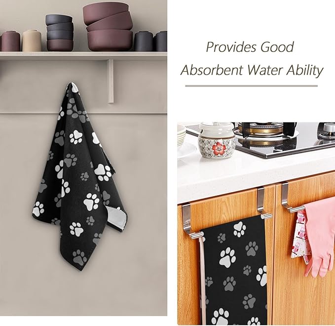2 Pack Black White Grey Hand Towels for Bathroom,Soft Absorbent Dog Cat Paw Gray Towels for Kitchen,Cute Animal Pet Footprint Decorative Guest Bathroom Towels for Bath,Face,Shower,Gym 14"x28"