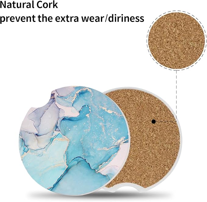 Absorbent Car Coasters 2 Pack for Cup Holders Set for Women/Men, 2.56" Ceramic Stone & Non-Scratch Cork Base Drink Coasters Golden Blue Marble.