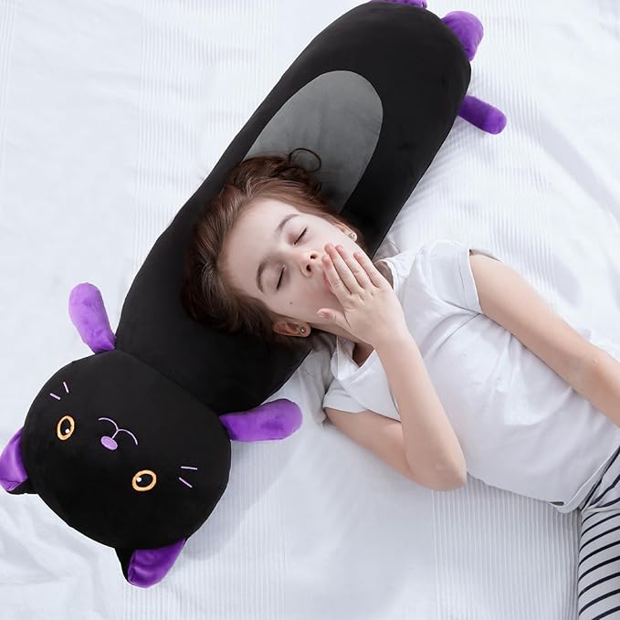 22” Long Cat Plush Body Pillow, Cute Black Cat Stuffed Animals, Lucky Kitty Squishy Soft Plushies Toy, Gifts for Kids Girls and Boys, Birthdays ﻿Easter