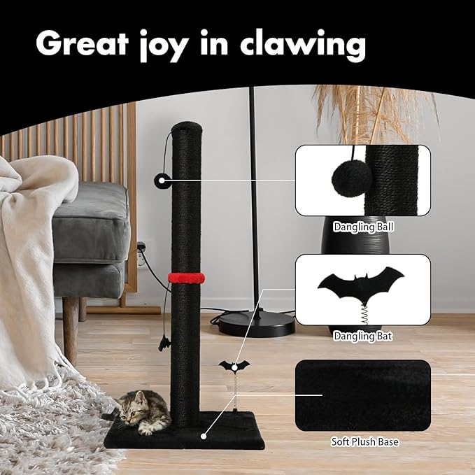 MECOOL Cat Scratching Post Premium Sisal Scratch Posts with Hanging Ball Vertical Scratcher for Indoor Cats and Kittens (Black, 34 inches for Adult Cats)