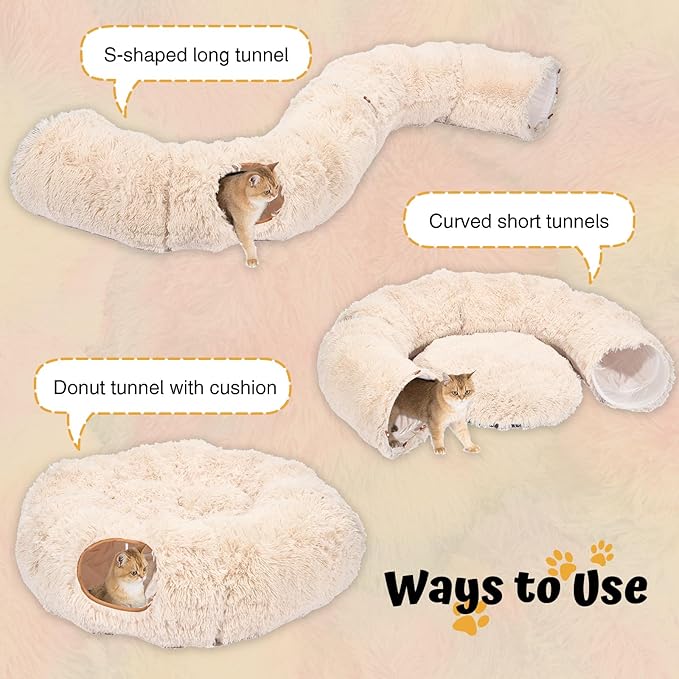 Avont Cat Tunnel Bed with Central Washable Cushion - Large Cat Tunnel Tube Toys 3 Shape to Play for Indoor Cats Kittens Puppies Ferret, Round Plush Fluffy Cat Bed with Tunnels -Beige