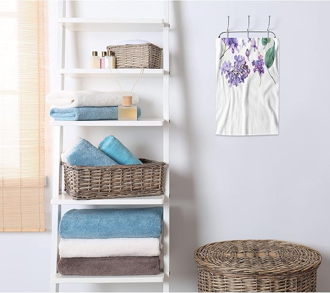 AOYEGO Purple Lilac Flowers Bathroom Towels Violet Floral Butterfly Green Leaf Soft Bath Hand Towels Microfiber Kitchen Hotel Spa Hand Towels 15x30 Inch