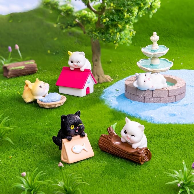 10Pack Mini Cat Figures Playset, Miniature Cute Cartoon Kitty Characters Fairy Garden Toys for Kids Birthday Baby Shower Dollhouse Easter Cake Decorations