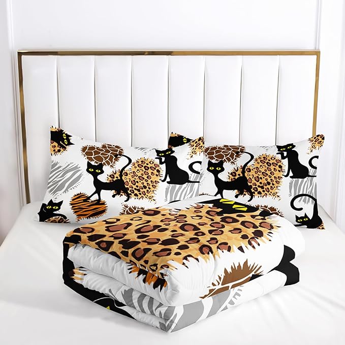AILONEN Black Cat Comforter Set Queen Size, 3-Piece Hearts Leopard Printed Microfiber Bedding Set for Girls Women,Funny Cat Kitten Comforter with 2 Pillowcases