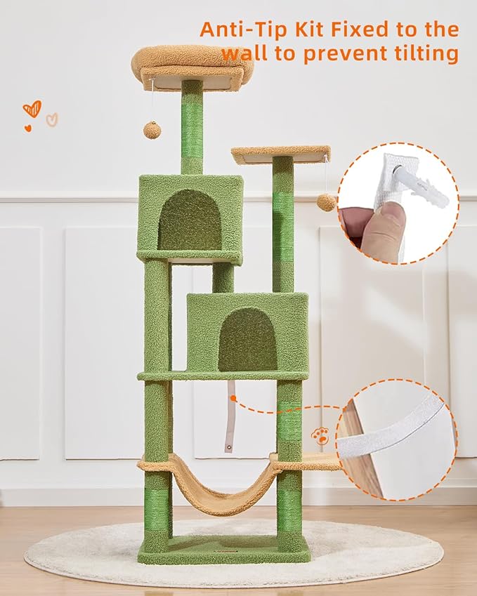 Taoqimiao Cat Tree, 61-Inch Cat Tower for Indoor Cats, Plush Multi-Level Cat Condo with 5 Scratching Posts, 2 Perches, 2 Caves, Hammock, 2 Pompoms, MS013ST Cactus