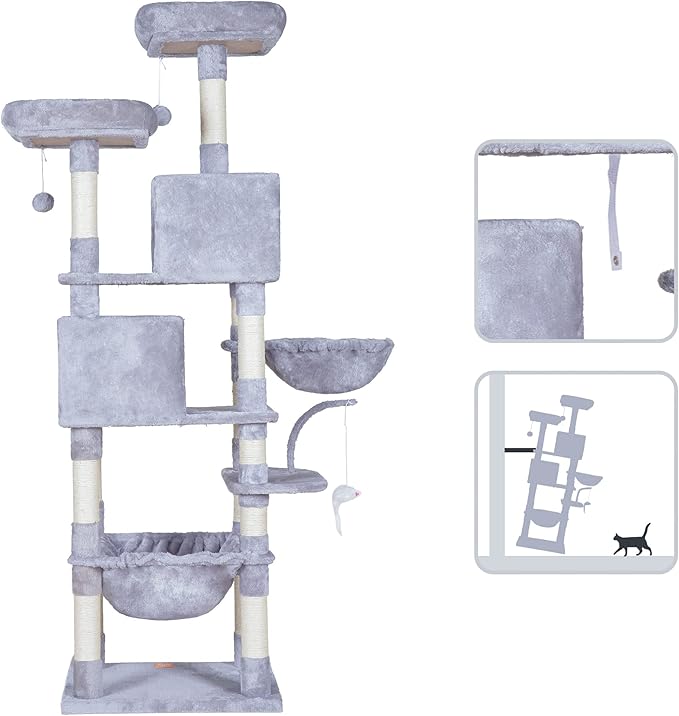 Heybly Cat Tree, 70 inches Tall Cat Tower condo with Toy for Indoor Large Cats, Cat House Furniture with Padded Plush Perch, Cozy Hammock and Sisal Scratching Posts,Light Gray HCT032W
