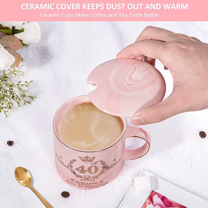 40th Birthday Gifts Women, Unique 40 Year Old Birthday Gifts Idea, Fabulous 40th Limited Edition, 1984 Birthday Gifts for Her Mom Wife Female Friend, 14oz Golden Pattern Mug, Lid, Spoon, Bow Gift Box