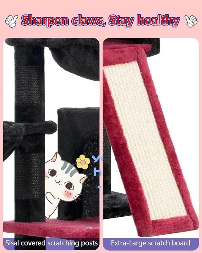 Gothic Cat Tree, Halloween Cat Tower with condo, 2 Baskets, Large Platform, Scratch Board, Cat Scratching Posts for Indoor Cats, Black and red GCT003SBR