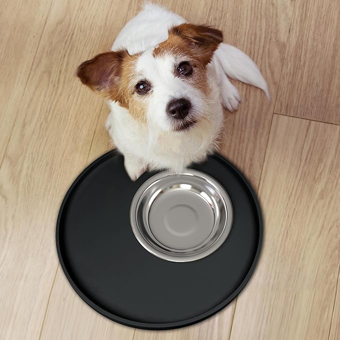 Arespark Pet Silicone Food Mat, Set of 4 Nonslip Waterproof Feeding Bowl Mat with Raised Edges for Food and Water Prevent Spills, Round Eating Tray for Dog Cat Puppy Kitten, 10'' x 10''