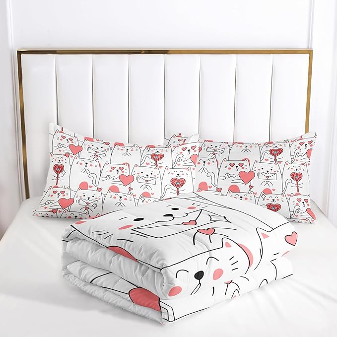 AILONEN Cute Cartoon Cat Comforter Set Full Size, Romantic Hearts Printed Kitted Bedding Set,Kids Girls Soft Microfiber Comforter with 2 Pillowcases,3-Piece for Bedroom