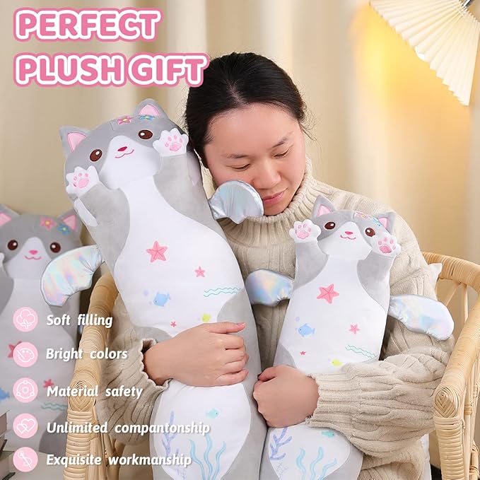 AIXINI Long Cat Plush Pillow Cartoon Cute Gray Cat Stuffed Animals, Soft Kawaii Kitten Plushies Pillow Toy for Kids (Gray,35.4inch)
