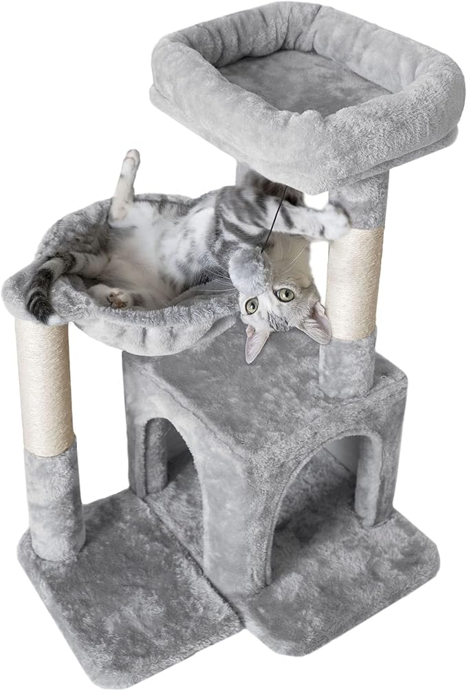 Pesofer Cat Tree, Small Cat Tower with Sisal Scratching Post and Hammock Light Gray