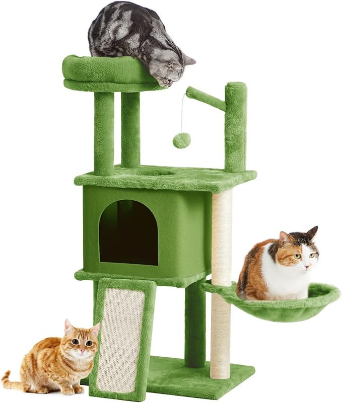 36.6" Medium Cat Tree House for Indoor Cats Soft Plush Multi-Level Cat Condo House with Hammock, Scratching Post, Green