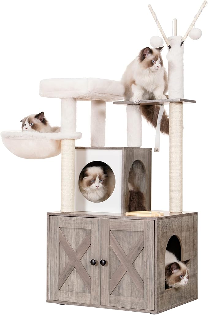 Heybly Cat Tree, Wood Litter Box Enclosure with Food Station, All-in-one Indoor Cat Furniture with Large Platform and Condo, Modern Style Cat Tower, Hammock, Rustic Brown HCT102SG