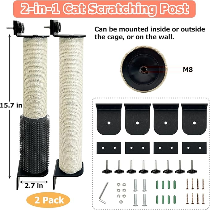 Cat Scratching Post Wall Mounted 2 Pack Cage Mount Cat Scratcher 2-in-1 Natural Sisal Kitty Scratch Posts with Self Groomer Massager for Scratch and Climbing 15.7x2.7in (White)