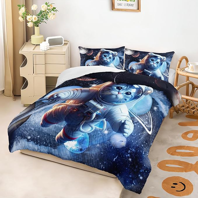 AILONEN Kids Cat Comforter Set Twin, 3D Cute Kawaii Cat Bedding Set Lovely Animal Kitten Space Astronaut Comforter for Girls Boys, Galaxy Planet Duvet with 2 Pillowcases