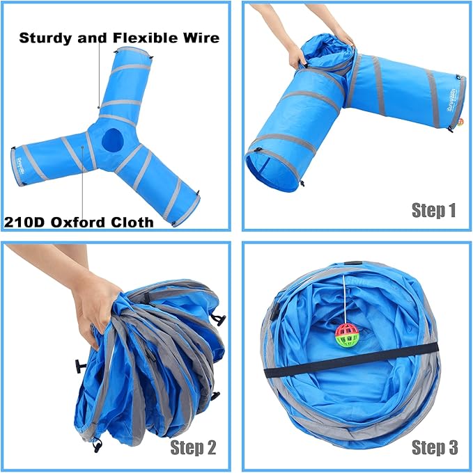 3 Way Cat Tube Tunnel - Indoor Cat Toy Tunnels Includes Crinkle Paper, Mouse Toy - Connect More Tunnels - Pop Up Collapsible - 10 Inch Diameter (Blue)