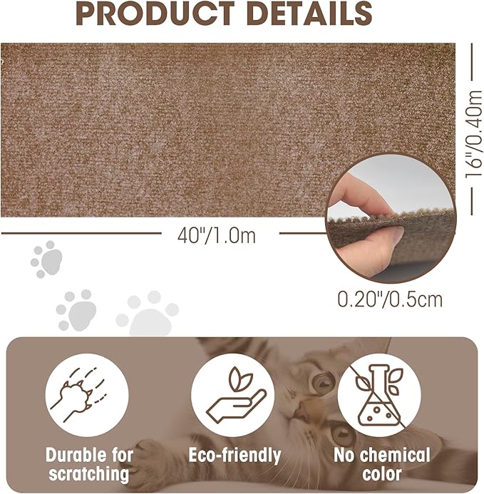 Cat Scratching Mat, 40"x16" Self-Adhesive Carpet Mat Trimmable Replacement for Cat Tree, Cat Wall Shelves, Cat Scratching Post, DIY Couch Furniture Protector (Brown)