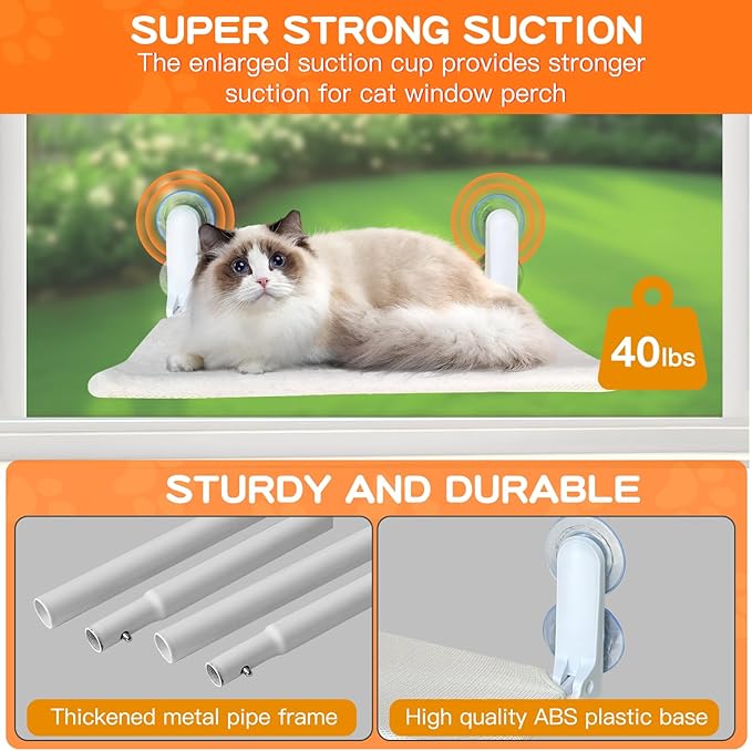 Cat Window Perch, Foldable Cat Window Bed with 4 Strong Suction Cups, Cordless Cat Hommack for Window Sill, Sturdy Metal Cat Window Seat Shelf for Indoor Cats with Reversible Cover(Beige)