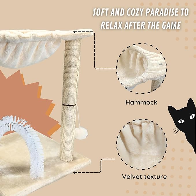 POLIPETS 19” Tall Cat Tower with Hammock,Sisal Scratching Posts and Pets Self Groomer Massager, Soft Hanging Basket Perch Hammock,Indoors Cat Furniture 16x15”, Beige