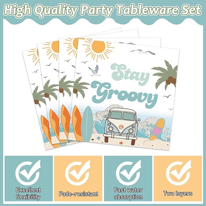 96PCS Summer Beach Party Party Supplies Tableware Set Surfing Hippie Groovy Birthday Party Disposable Dinnerware Plates Napkins Forks for Summer Beach Birthday Baby Shower Decorations for 24 Guests
