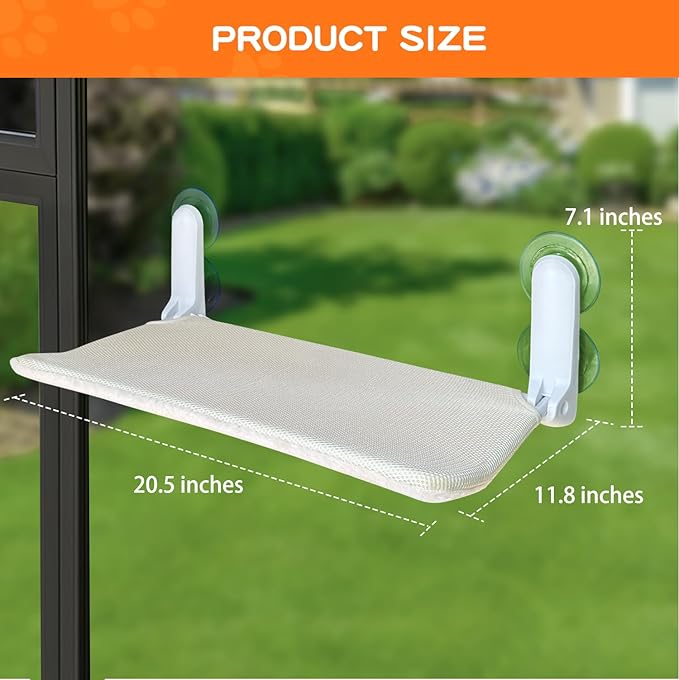 Cat Window Perch, Foldable Cat Window Bed with 4 Strong Suction Cups, Cordless Cat Hommack for Window Sill, Sturdy Metal Cat Window Seat Shelf for Indoor Cats with Reversible Cover(Beige)