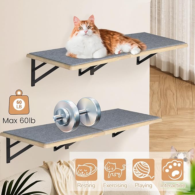 Cat Wall Shelves Set of 4, Wood Cat Shelves for Wall, Cat Wall Bed Hammock with Scratching Pad, Cat Climbing Shelf for Sleeping Playing, Cat Window Perch for Big Cats, Burlywood Cat Furniture Indoor