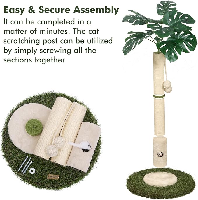 Cat Scratching Posts Cat Trees 35.43" Tall with Sisal Rope Cat Toy and Hanging Ball for Indoor,Wooden Palm Tree Cat Scratch Pole for All Cat（White