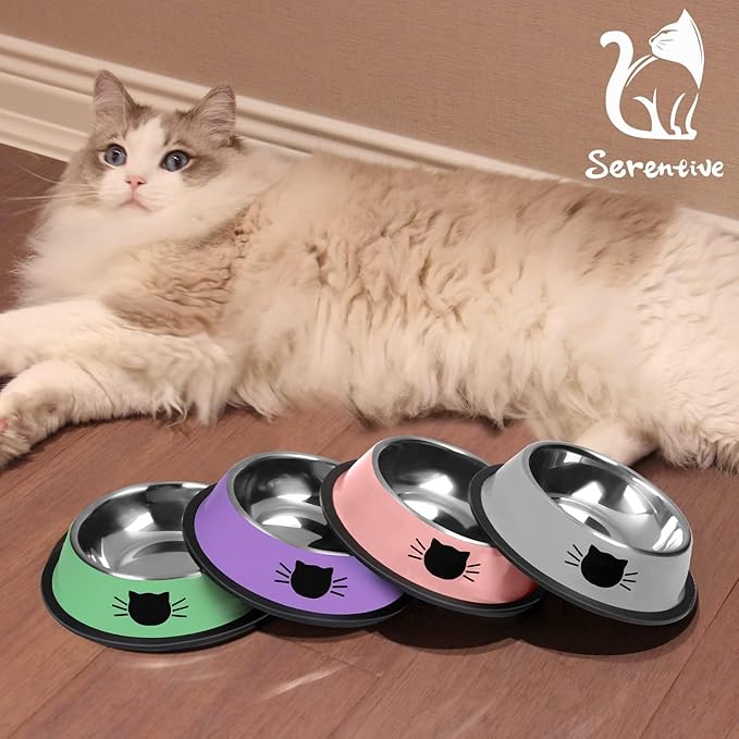 3Pcs Cat Bowls Non-Slip Stainless Steel Small Cat Food Bowls Unbreakable Thicken Cat Feeder 7 Oz Cat Dishes Suitable for Indoor Small Pets Removable Rubber Base Easily Clean Lovely Color