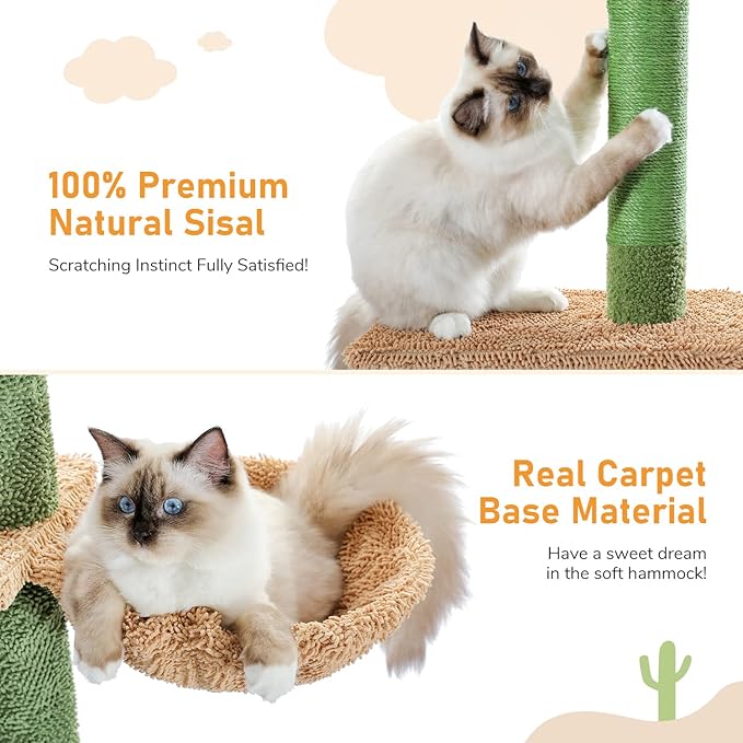 PAWZ Road Cat Tree, Cactus Floor to Ceiling Cat Tower with Adjustable Height(95-108 Inches), 5 Level Cat Climbing Tower with Cozy Hammock, Platforms and Dangling Balls for Indoor Cats
