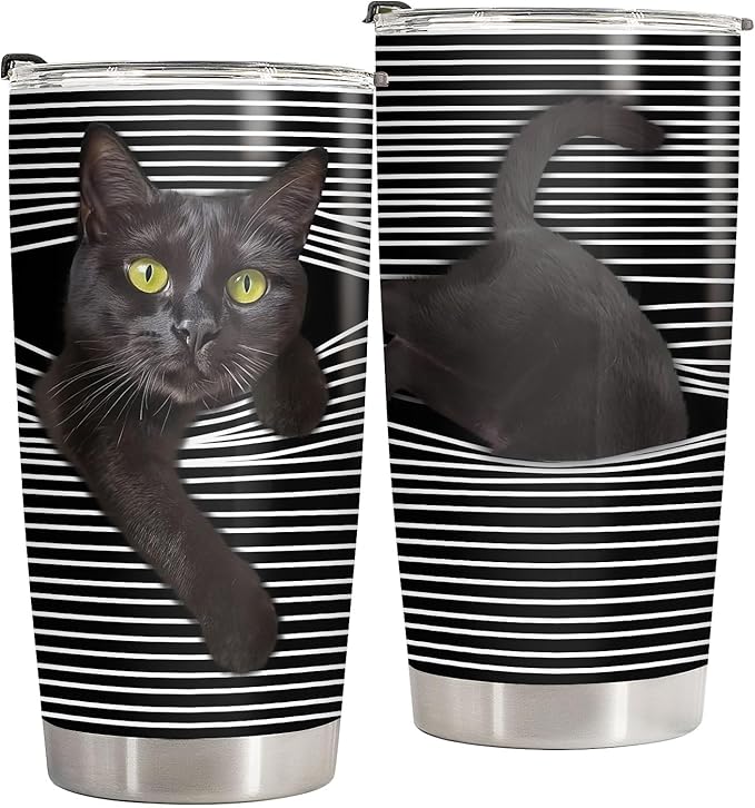 34HD Black Cat Tumbler with Lid, 20 oz Stainless Steel Vacuum Insulated Hide and Seek Mug Kitty, Funny Cat Gifts for Men Women Mothers Day Birthday Christmas
