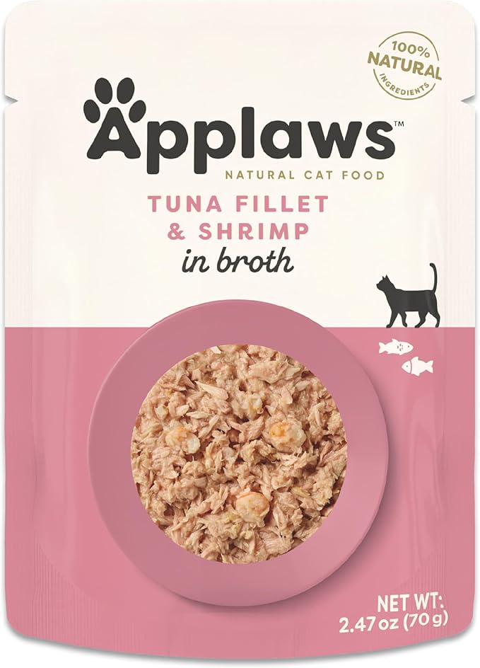 Applaws Natural Wet Cat Food in Broth, Limited Ingredient Wet Cat Food Pouches, No Additives, Made with Natural Ingredients, Tuna with Shrimp in Broth (12 x 2.47oz Pouches)