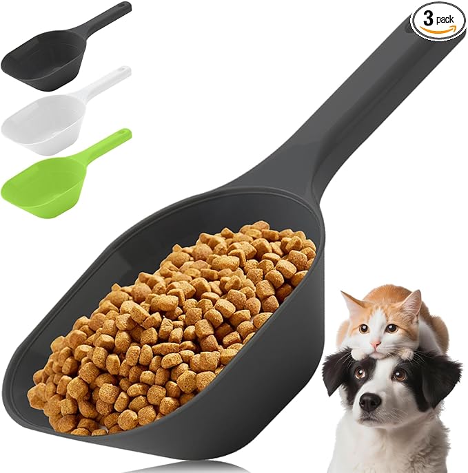 3PCS Dog Food Scoop, 1 Cup Plastic Pet Food Scoop with Measuring Lines 1/2 Cup and 1 Cup for Dogs, Cats, Birds and Rabbits (Green,Black and White)