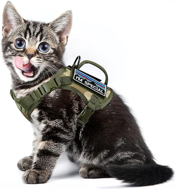 Tactical Cat Harness for Walking, Adjustable Escape Proof Pet Vest for Large Cat,Easy Control Breathable Cat Vest with Handle，Molle Patches (Camo Green, L)